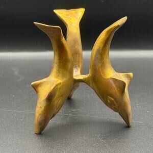 Vintage Brass Three Dolphin Orb Sphere Paperweight Display Stand Holder